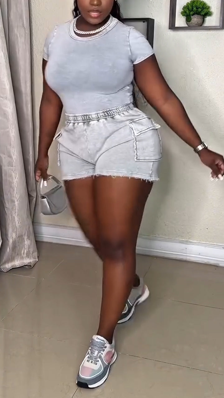 Ladies Round Neck Top+ Shorts Casual Suit