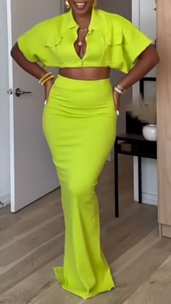 Ladies' Lapel Short Top+skirt Commuting Style Set
