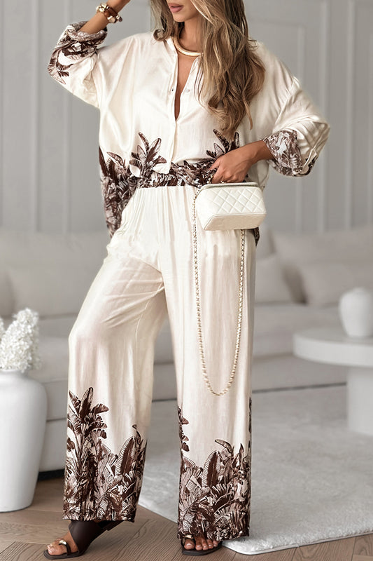 Women Collar Printed Top + Pants Loose Casual Suit
