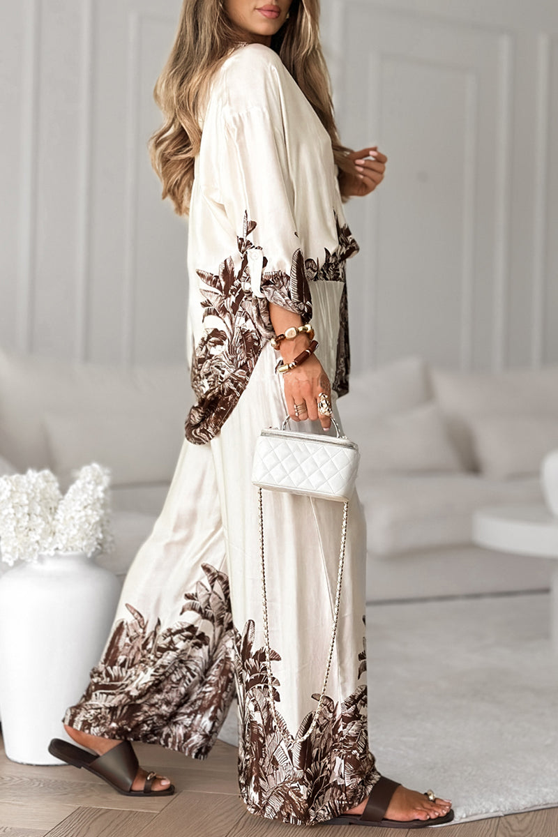 Women Collar Printed Top + Pants Loose Casual Suit