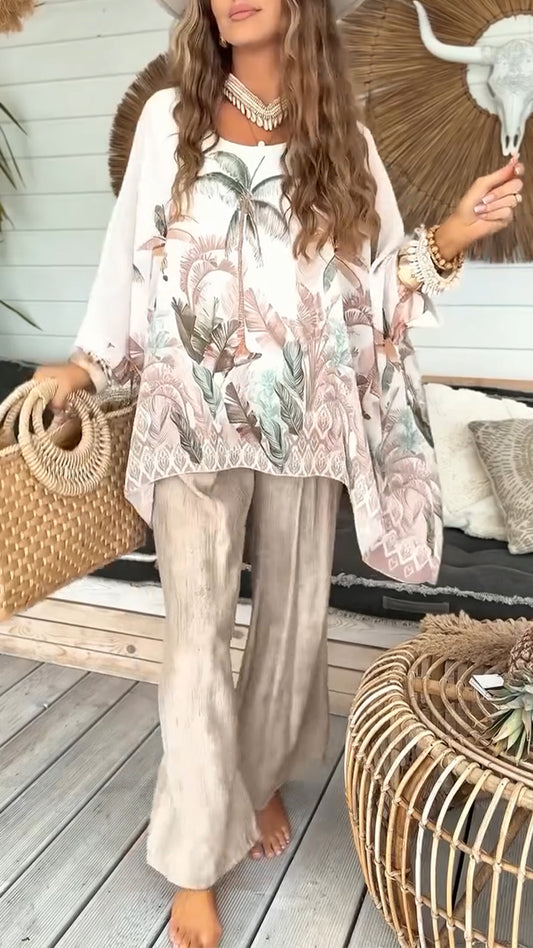 Ladies Round Neck Printed Top + Pants Vacation and Leisure Set