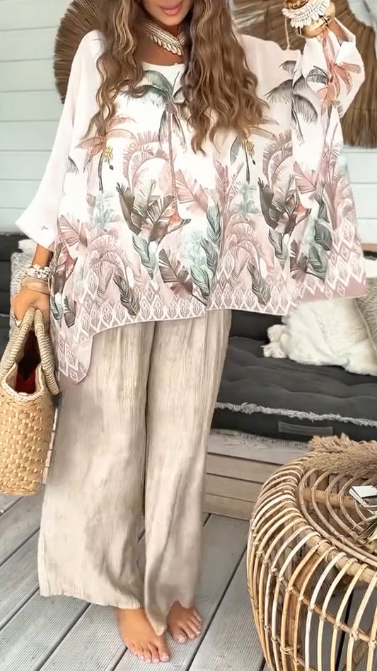 Ladies Round Neck Printed Top + Pants Vacation and Leisure Set