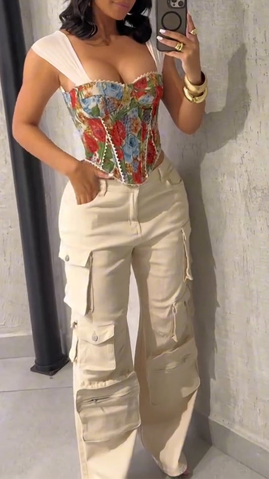 Ladies Square Collar Printed Back Strap Top+ Multi Pocket Patchwork Pants Casual Set