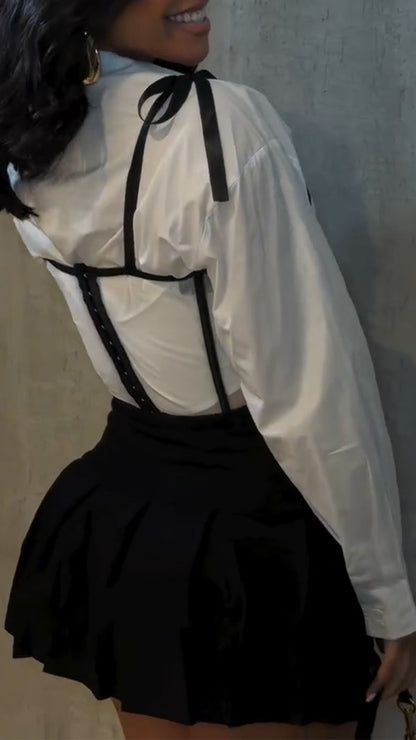 Ladies Collar Shirt+ Suspender Skirt with Elegant Suit