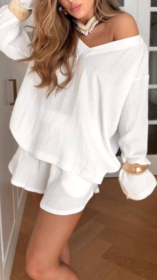 Women V-neck Top+ Shorts Solid Color Casual Set - MATCHING MASTER