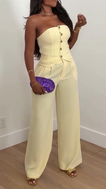 Ladies Strapless Button Up Top+ Pants Casual Outfit