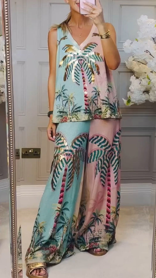 Ladies V-neck Printed Loose Casual Suit