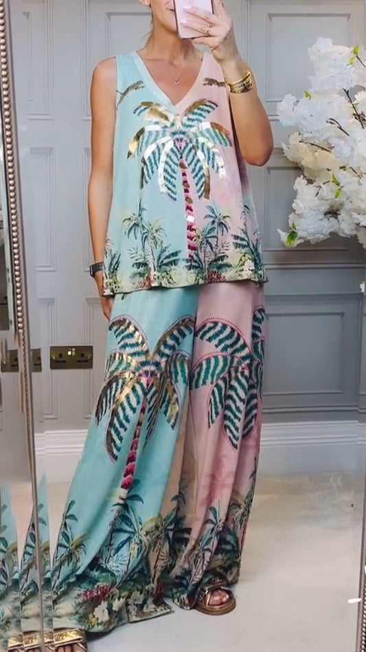 Ladies V-neck Printed Loose Casual Suit