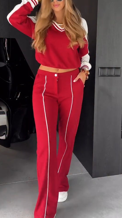 Ladies V-neck Contrasting Vertical Stripe Casual Suit
