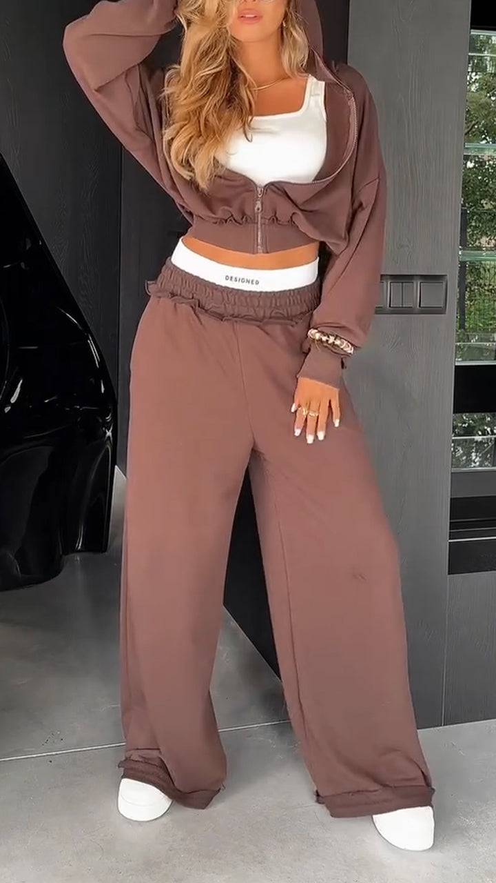 Ladies Round Neck Hooded Zipper Jacket+ Pants Casual Set - MATCHING MASTER