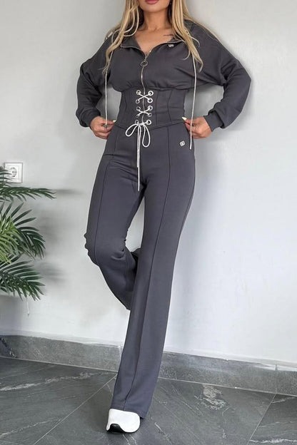 Women Collar Zipper Drawstring Top+ Pants Casual Set