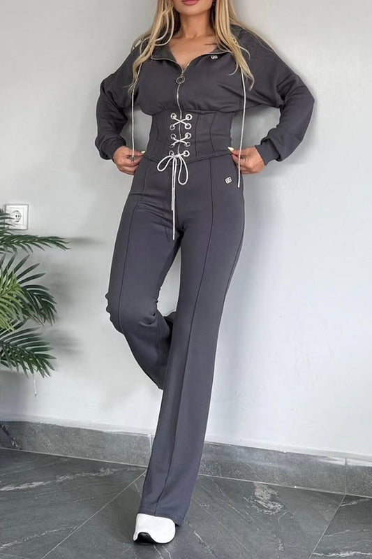 Women Collar Zipper Drawstring Top+ Pants Casual Set