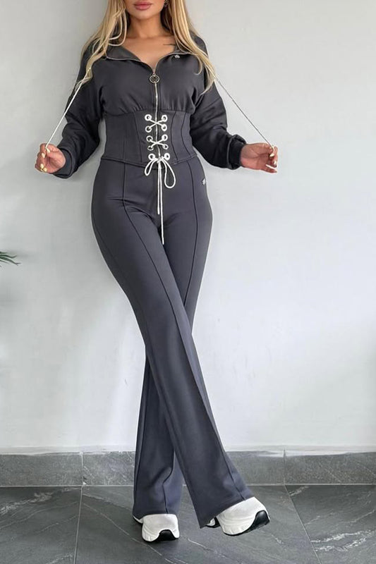 Women Collar Zipper Drawstring Top+ Pants Casual Set