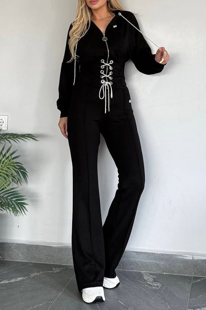 Women Collar Zipper Drawstring Top+ Pants Casual Set