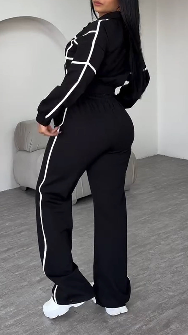 Ladies Collar Zipper Striped Top+ Pants Casual Set