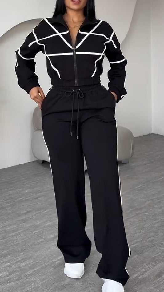 Ladies Collar Zipper Striped Top+ Pants Casual Set