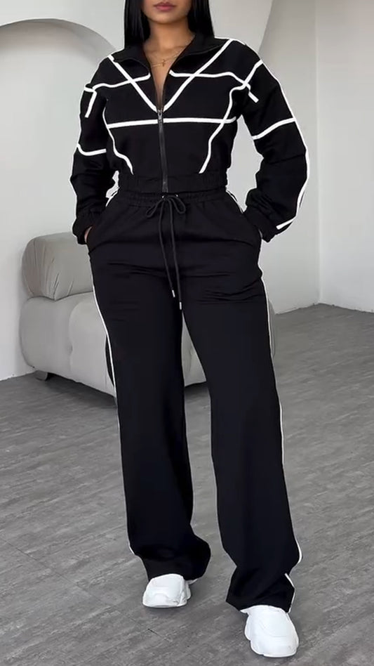 Ladies Collar Zipper Striped Top+ Pants Casual Set