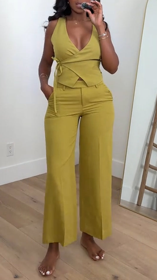 Women V-neck Strap Top+Pants Solid Color Casual Set