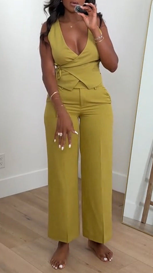 Women V-neck Strap Top+Pants Solid Color Casual Set