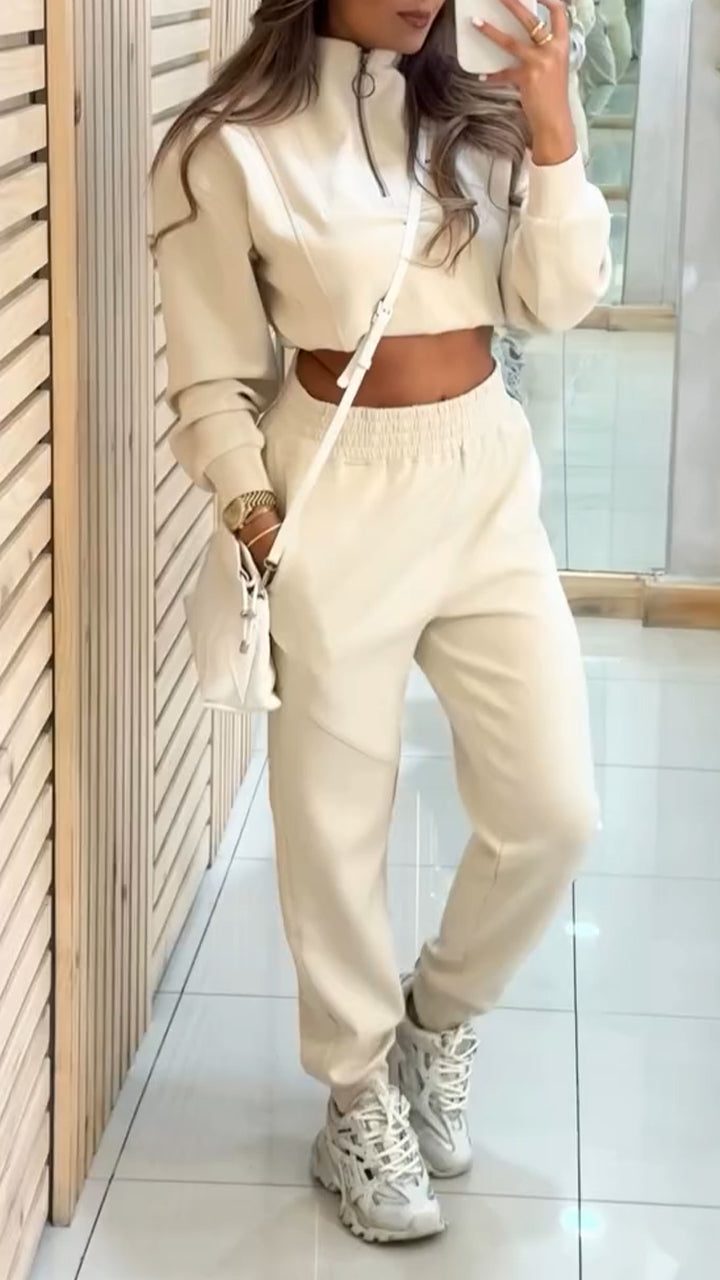Ladies Round Neck Zipper Top+ Pants Casual Suit