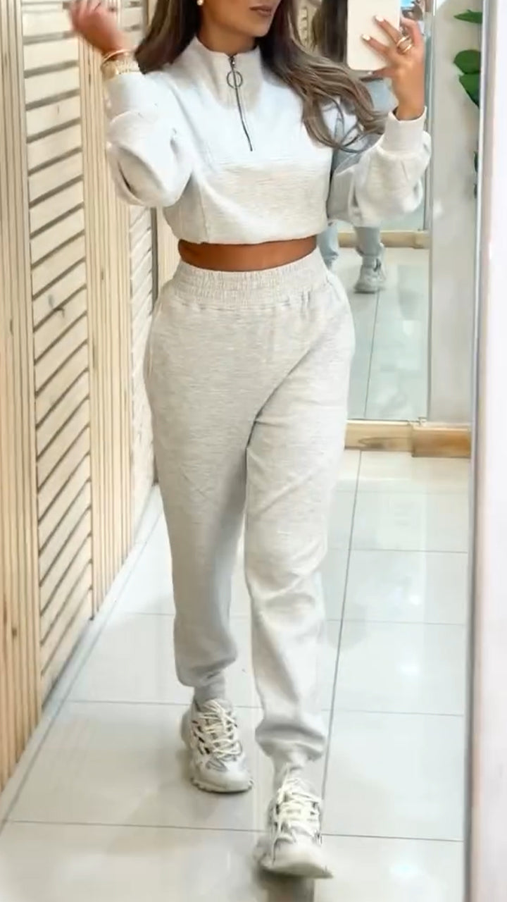 Ladies Round Neck Zipper Top+ Pants Casual Suit
