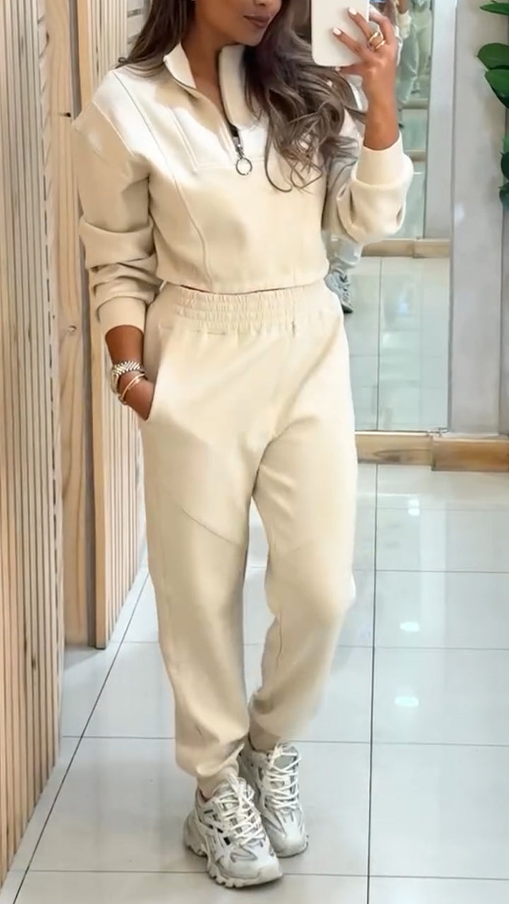 Ladies Round Neck Zipper Top+ Pants Casual Suit