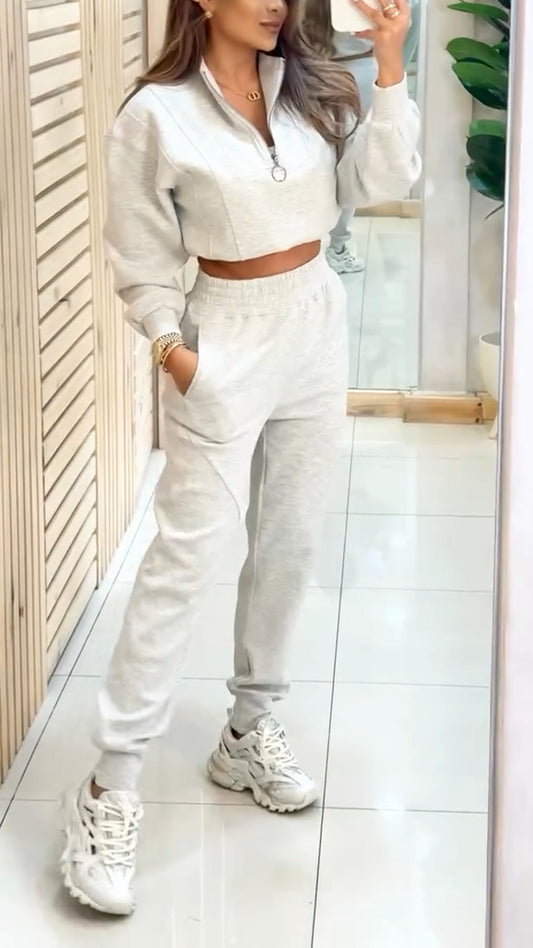 Ladies Round Neck Zipper Top+ Pants Casual Suit
