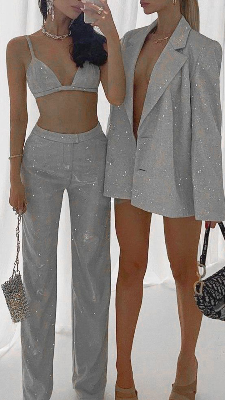 Women's Spring/Summer Sparkling Elegant Party Bra Blazer And Pant 3pcs Set