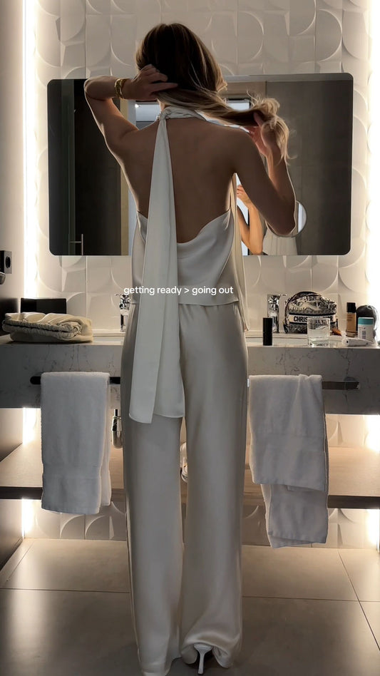 Women's Champagne Color Outerwear Colored Halter Top and Pants Set