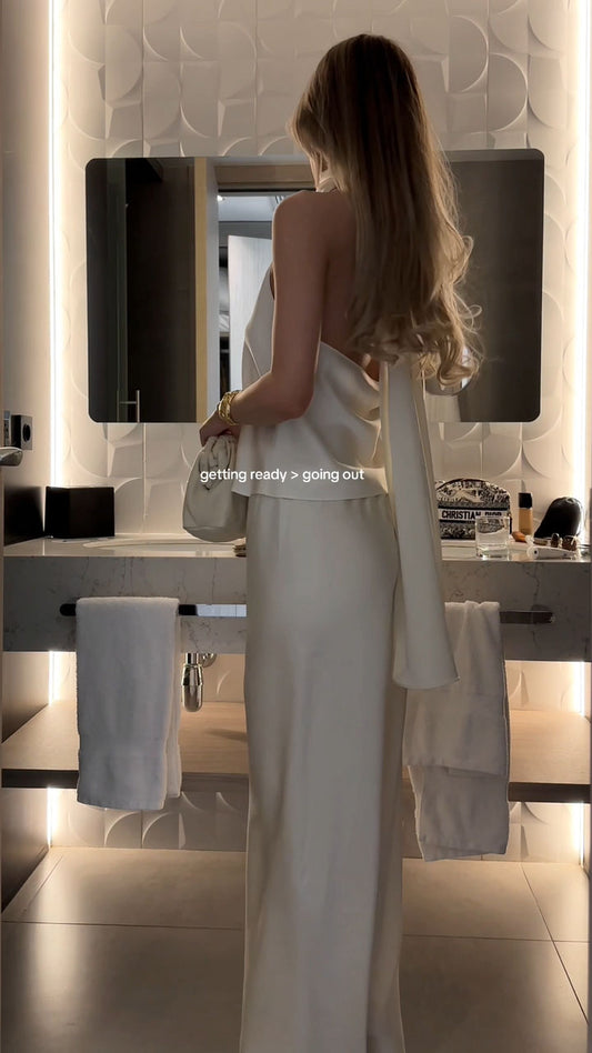 Women's Champagne Color Outerwear Colored Halter Top and Pants Set