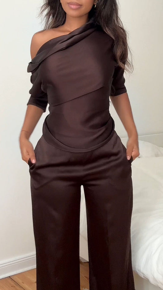 Women's Casual Brown Satin Text T-shirt Top Pants Set