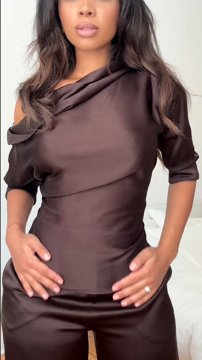 Women's Casual Brown Satin Text T-shirt Top Pants Set