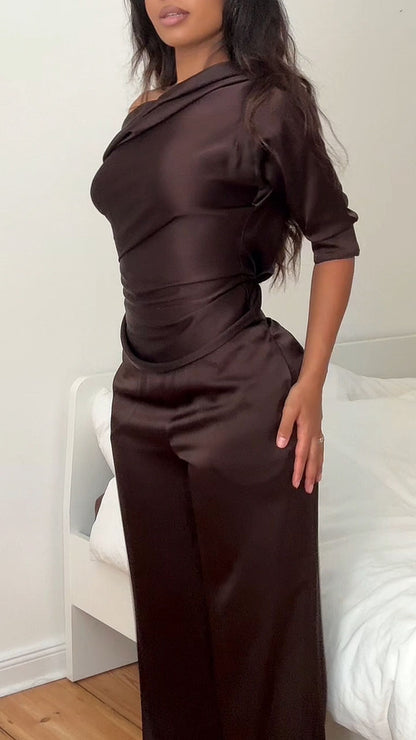 Women's Casual Brown Satin Text T-shirt Top Pants Set