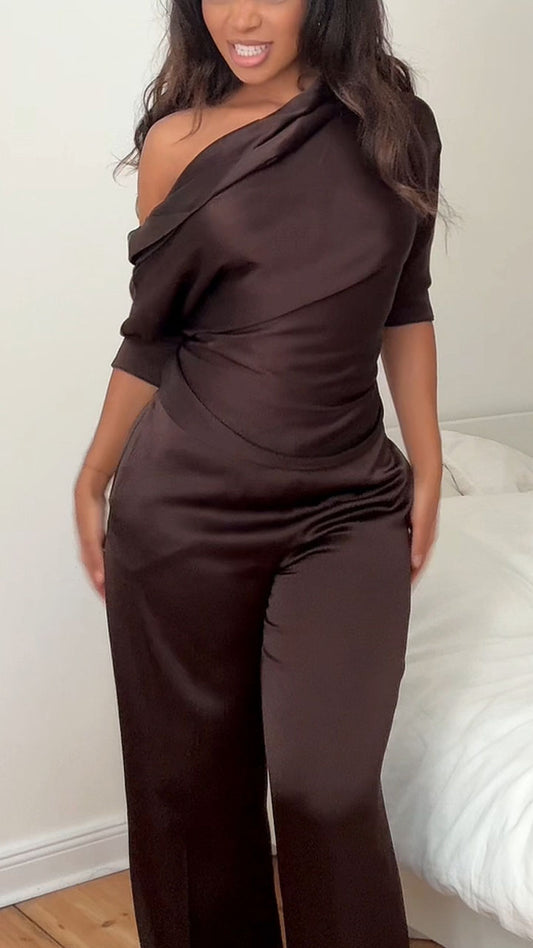Women's Casual Brown Satin Text T-shirt Top Pants Set