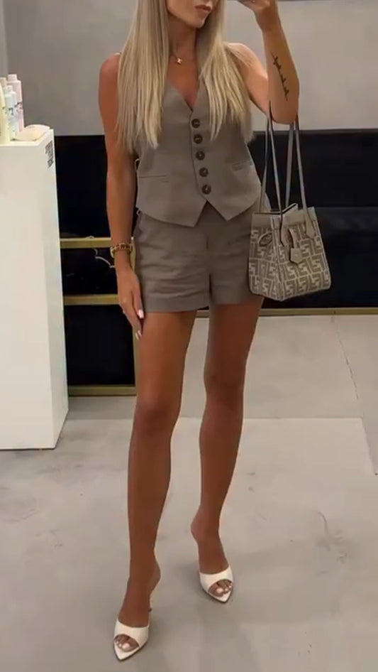 Ladies V-neck Breasted Top+ Pants Casual Suit