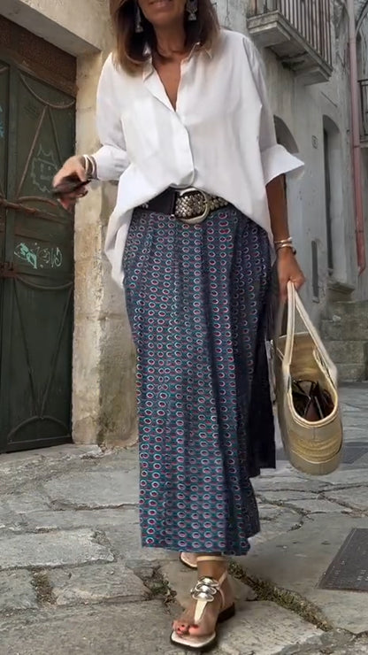 Ladies Collar Shirt+ Printed Skirt Casual Set