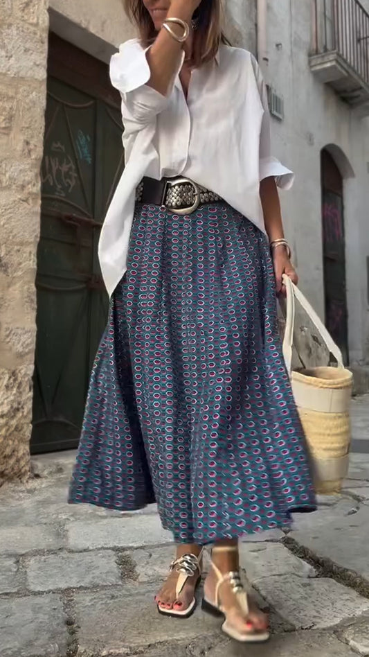 Ladies Collar Shirt+ Printed Skirt Casual Set