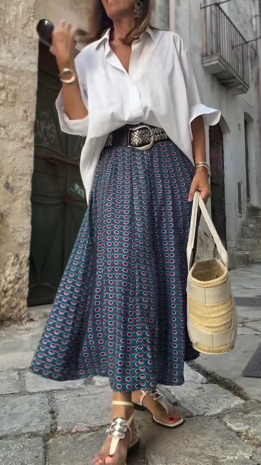Ladies Collar Shirt+ Printed Skirt Casual Set
