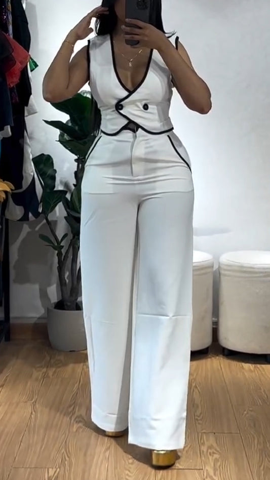 Ladies U-neck Top and Pants Casual Suit