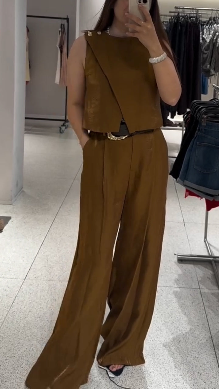 Ladies Round Neck Patchwork Top+ Pants Casual Set