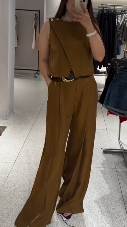 Ladies Round Neck Patchwork Top+ Pants Casual Set
