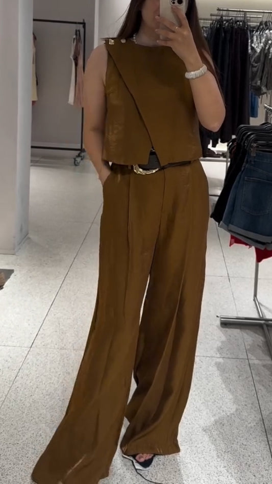 Ladies Round Neck Patchwork Top+ Pants Casual Set