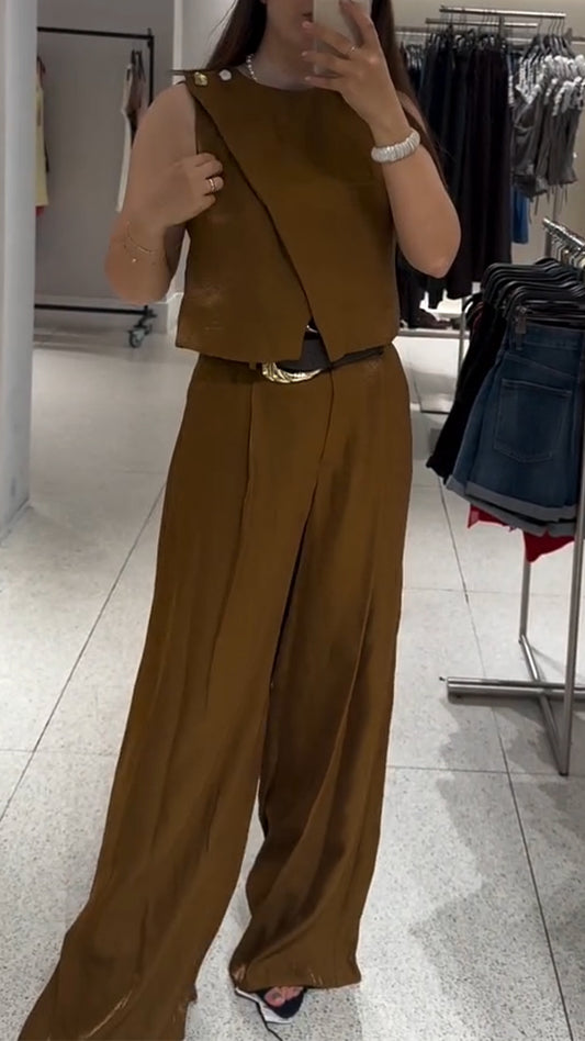 Ladies Round Neck Patchwork Top+ Pants Casual Set