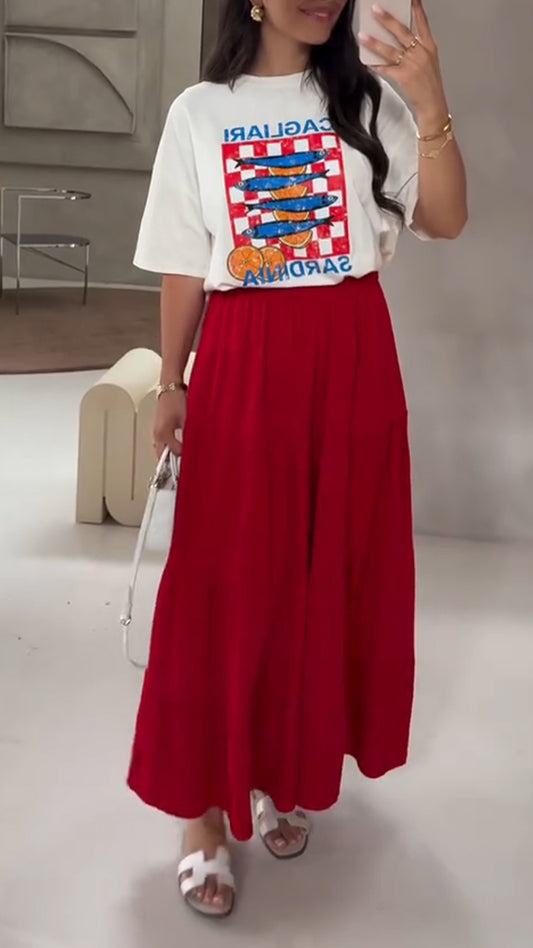 Ladies Round Neck Printed Top+ Skirt Casual Set