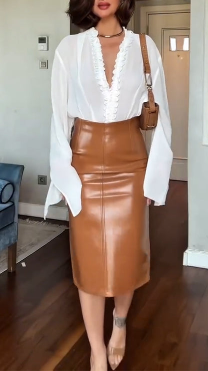 Ladies V-neck Shirt+ Leather Skirt Temperament Casual Suit