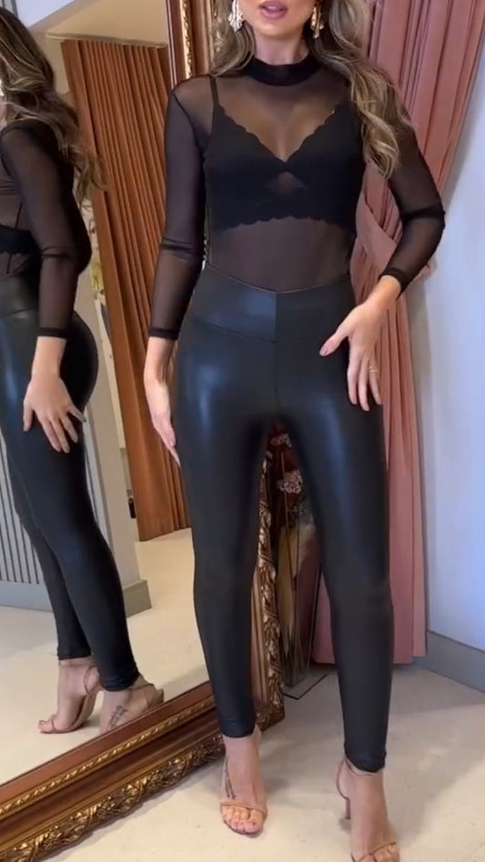 Ladies Round Neck Transparent Jumpsuit+ Leather Pants Casual Suit