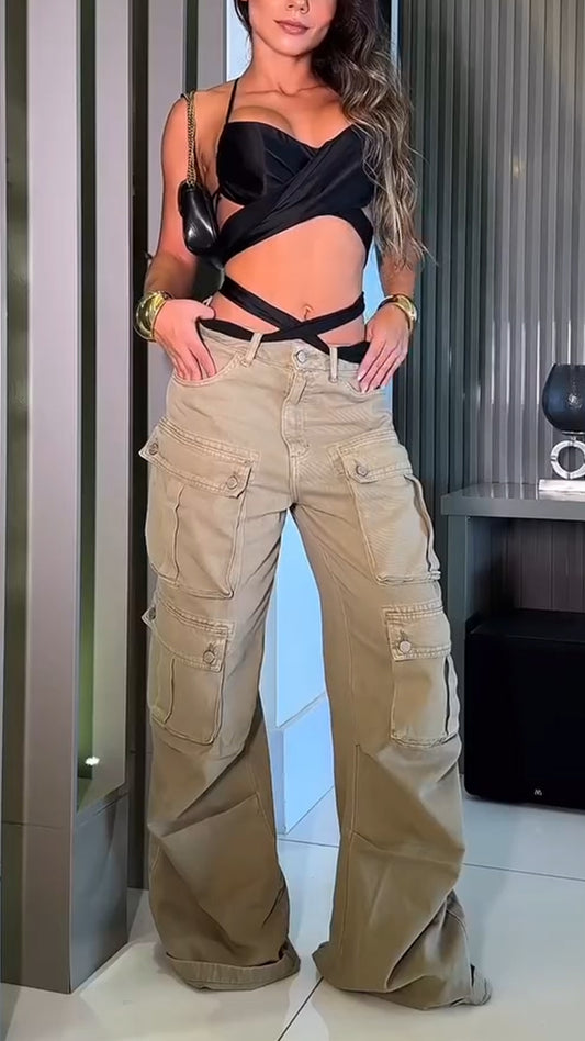 Ladies Suspender Hollow Strap Top+ Multi Pocket Patchwork Pants Sexy Temperament Set