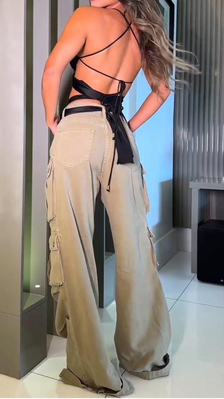 Ladies Suspender Hollow Strap Top+ Multi Pocket Patchwork Pants Sexy Temperament Set
