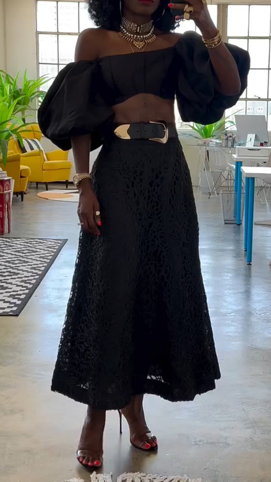 Ladies Strapless Big Sleeved Top+ Printed Hollow Skirt Elegant Casual Set