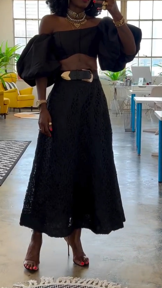 Ladies Strapless Big Sleeved Top+ Printed Hollow Skirt Elegant Casual Set
